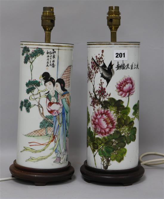 Two modern Chinese famille rose lamps, on wooden bases height 32cm incl. base
